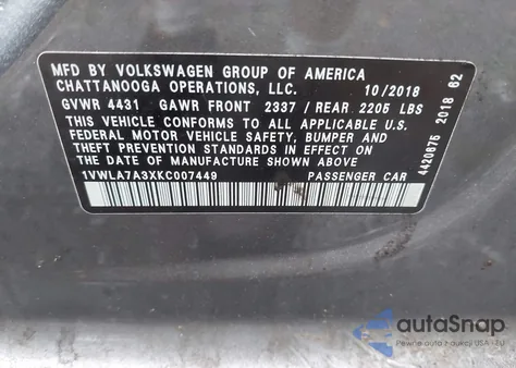 2019 Volkswagen Passat 2.0T Wolfsburg Edition из США, поврежденный, VIN 1VWLA7A3XKC007449